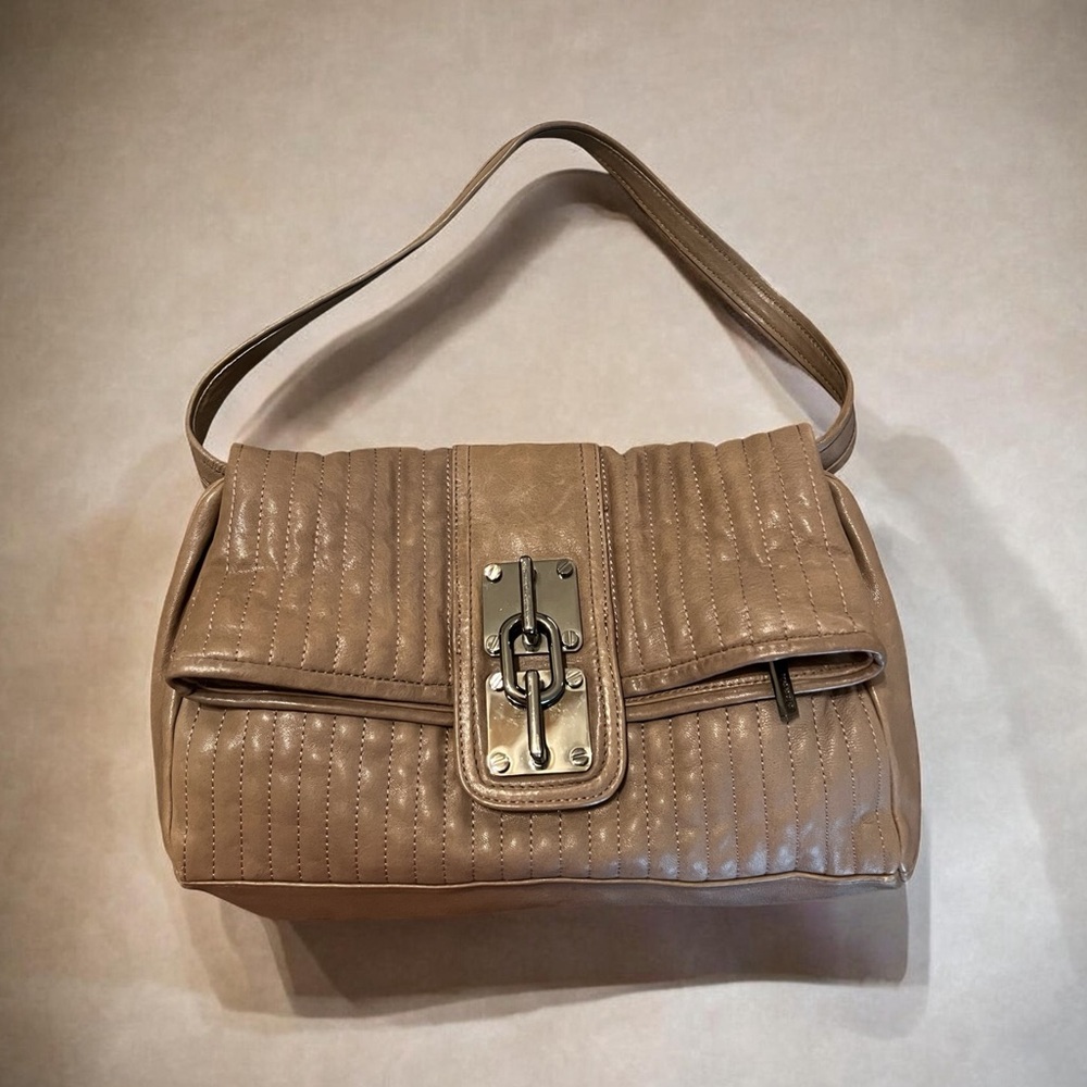 Treesje Tan Quilted Genuine Leather Flap Shoulder Bag Chain Lock - Like New